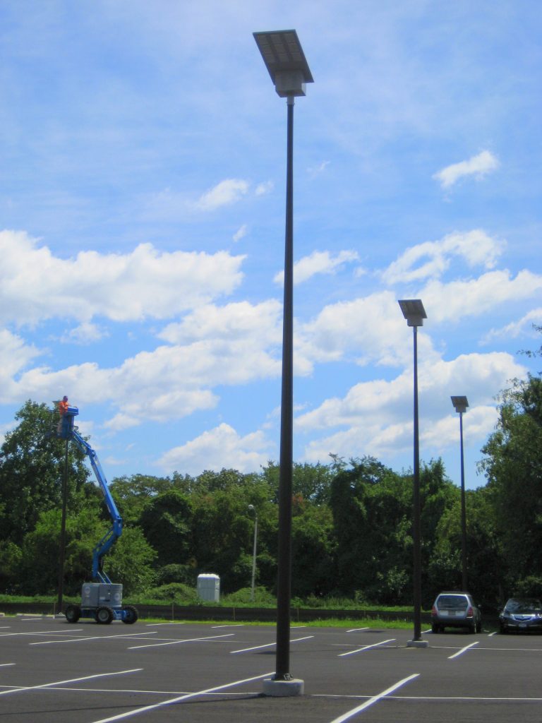 Solar area lights in a Bronx parking lot