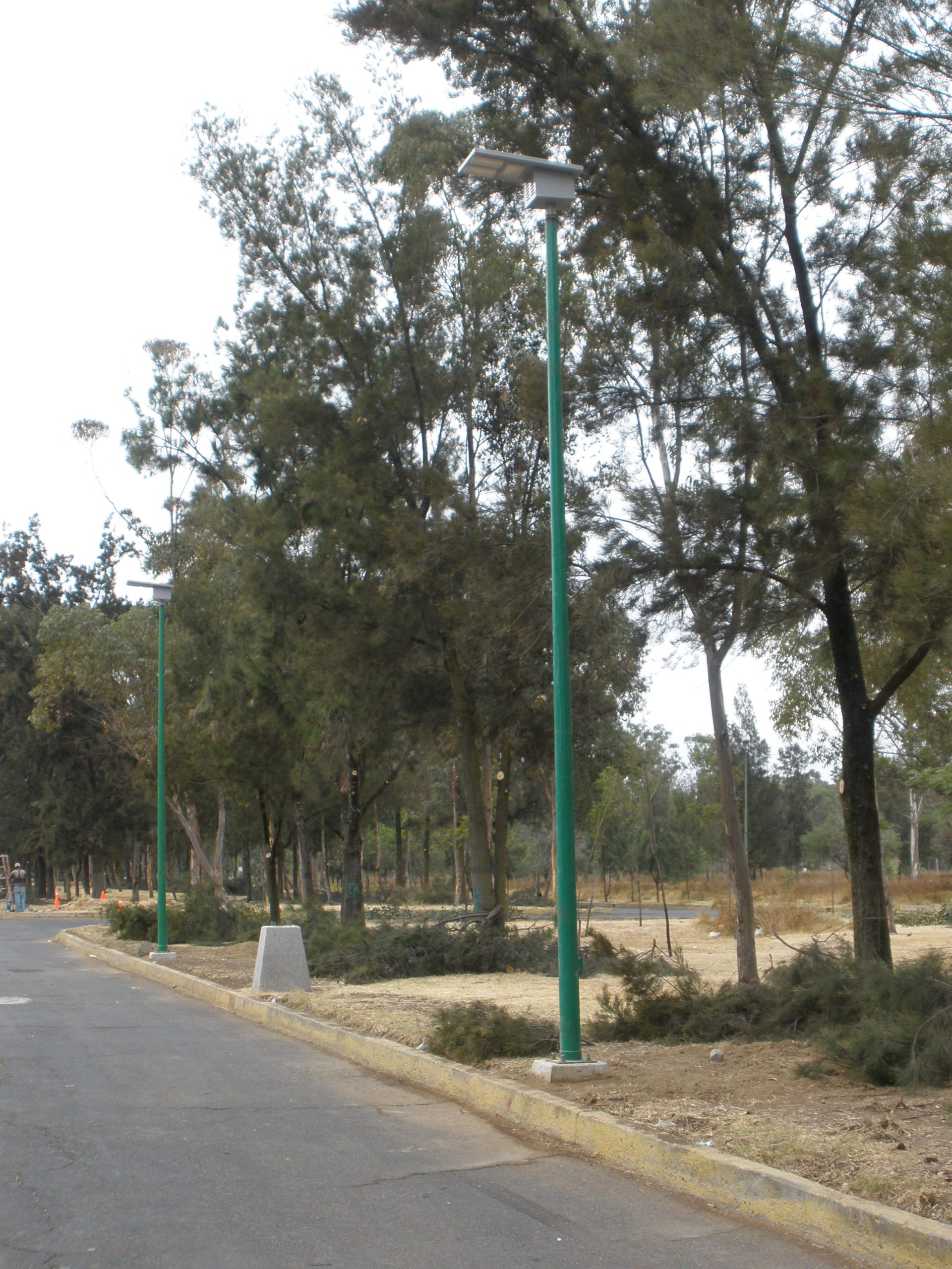 Solar pathway lights with visible panels along a recreational trail